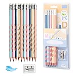 Toyshine HB Pencil Set with Erasers on Top | Pack of 10 Round Hole Groove Grip Pencils with Sharpene & Pencil Cap | Comfortable Writing School Stationery for Kids & Students – B