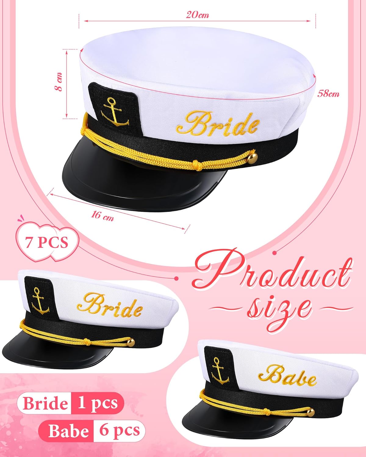 Jecery 7 Pcs Bride Babe Captain Hats Bachelorette Captain's Hat Nautical Bachelor Hat for Wedding Party Bridal Shower Gift Decor Boat Cap