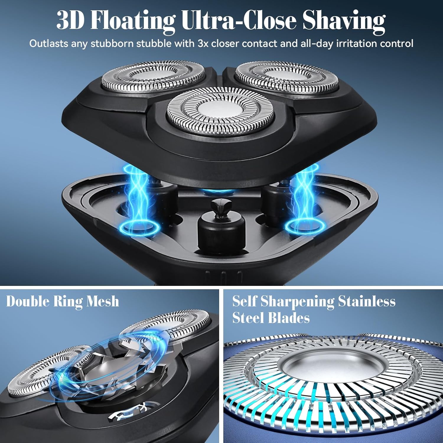 Electric Razor for Men,3 in 1 Men's Rotary Shavers with Charging Stand, IPX7 Waterproof Hygiene Trimmer for Beard/Nose/Sideburns, USB-C Fast Charging, LED Display Travel Lock,Matte Black - Image 2