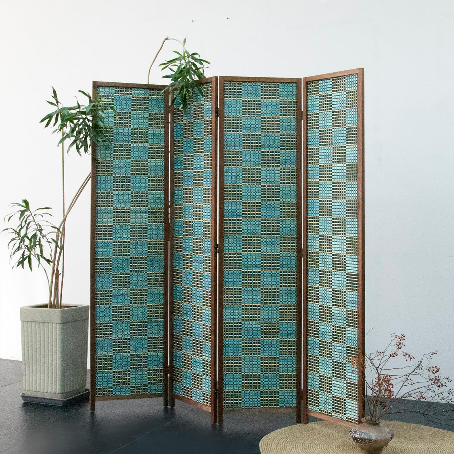 Furnnylane 4 Panel Room Divider Screen and Folding Panel Screen,Double Sided Bamboo Divider for Room Separation,Blue Square,67" H x 63" W
