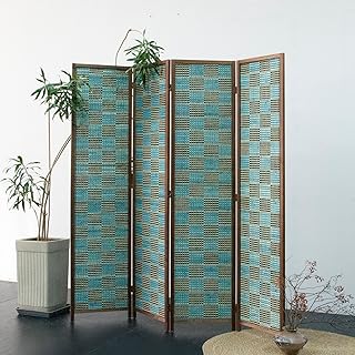4 Panel Room Divider Screen and Folding Panel Screen,Double Sided Bamboo Divider for Room Separation,Blue Square,67" H x 63" W