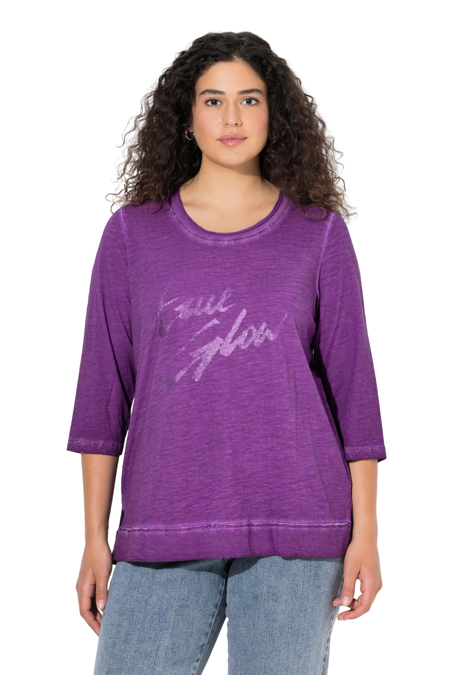Ulla Popken Damen große Größen Übergrößen Plus Size Shirt, Glitzerdruck, Classic, Rundhals, 3/4-Arm 844674