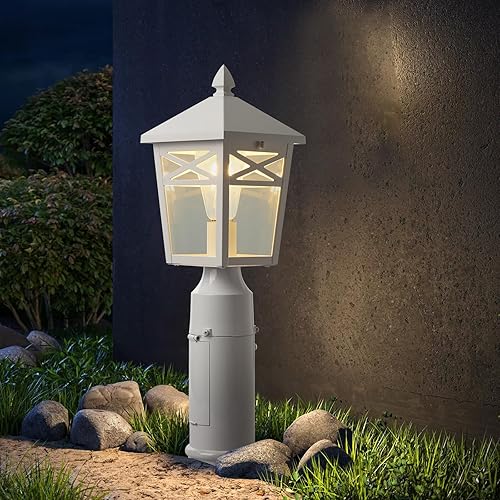 Miniatura 8 de Luz de poste al aire libre del atardecer al amanecer, iluminación de poste con pantalla de cristal, lámpara de poste con salida GFCI para patio,