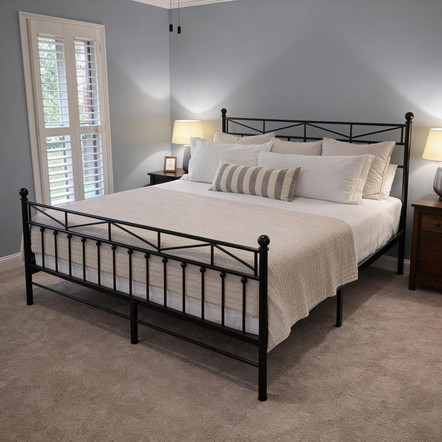 EnHomee Queen Size Metal Platform Bed Frame, 54" Tall Headboard and LED Lights, Victorian Vintage Headboard and Footboard, Under Bed Storage, Heavy Duty Metal Slats & Noise Free, Black - Image 7