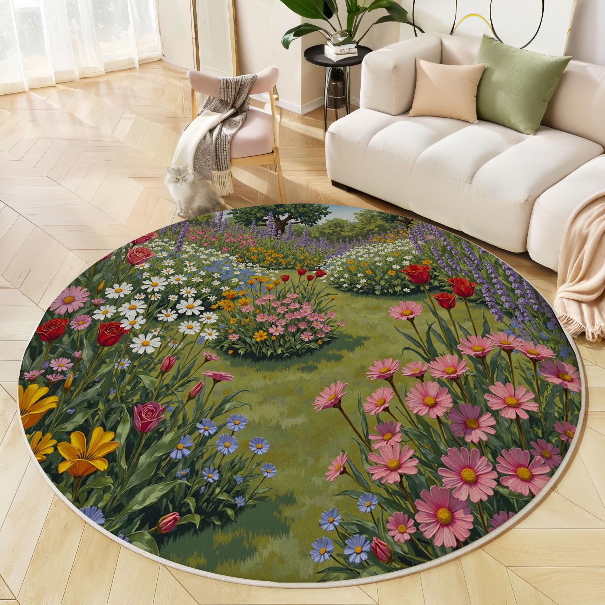 Tapis rond fleurs 100 cm motif printanier vert pour réveiller votre salon