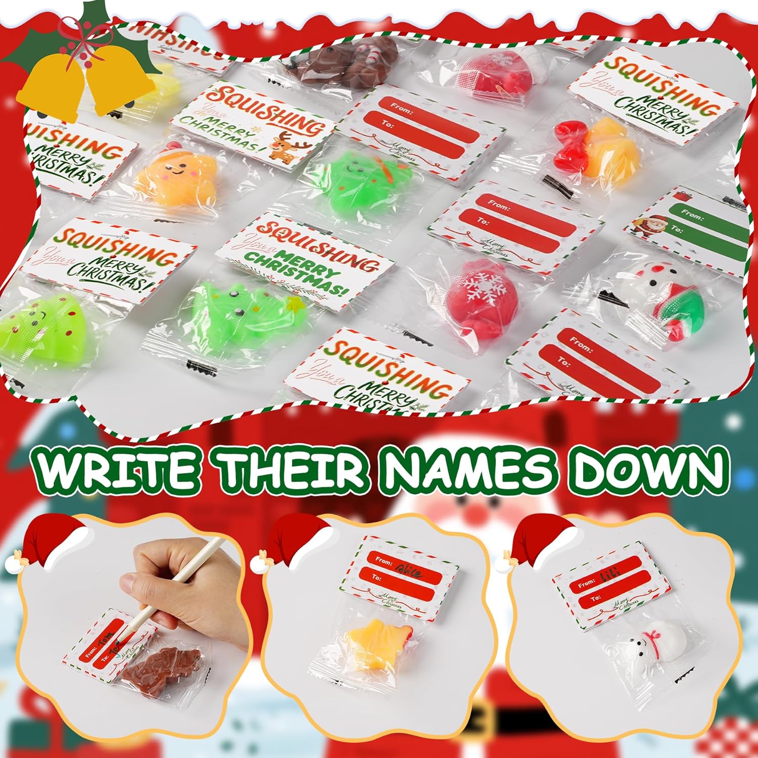 Christmas Mochi Squishy Toys 24 Pack with Gift Card, Mini Squishy Toys, Christmas Stocking Stuffers, Party Favors for Kids, Stress Relief Toys, Goodie Bags Fillers (Christmas Red Box)
