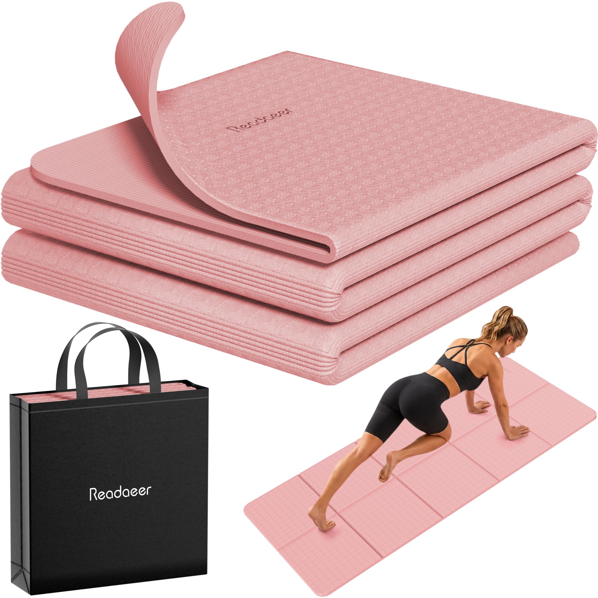READAEER Tapis de yoga pliable pour voyage, 6 mm d'épaisseur, avec sac de transport, antidérapant en TPE (rose)