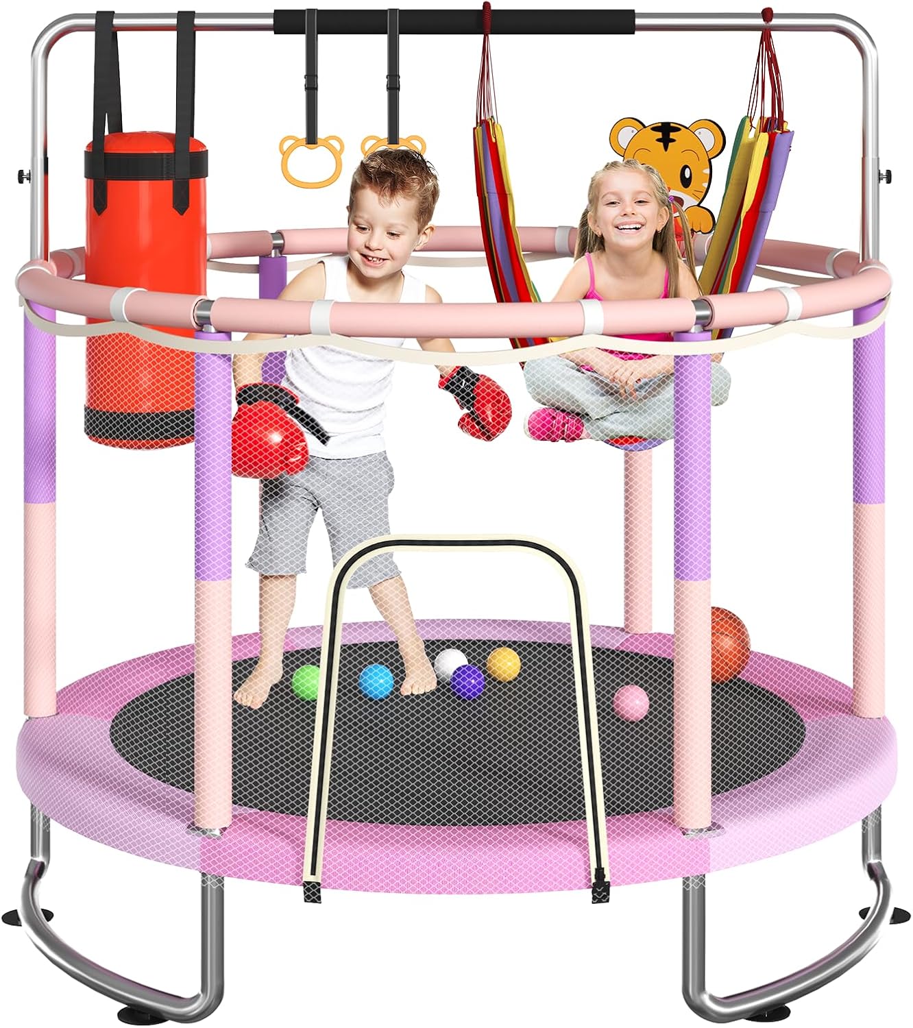 Trampoline for Kids, Upgrade Full Anti-Rust 440lbsToddler Trampoline with Net, Upgraded Ring Legs with Adjustable Gymnastics Bar&Toys, Gifts for Ages 1-8 Boys&Girls Pink 60''