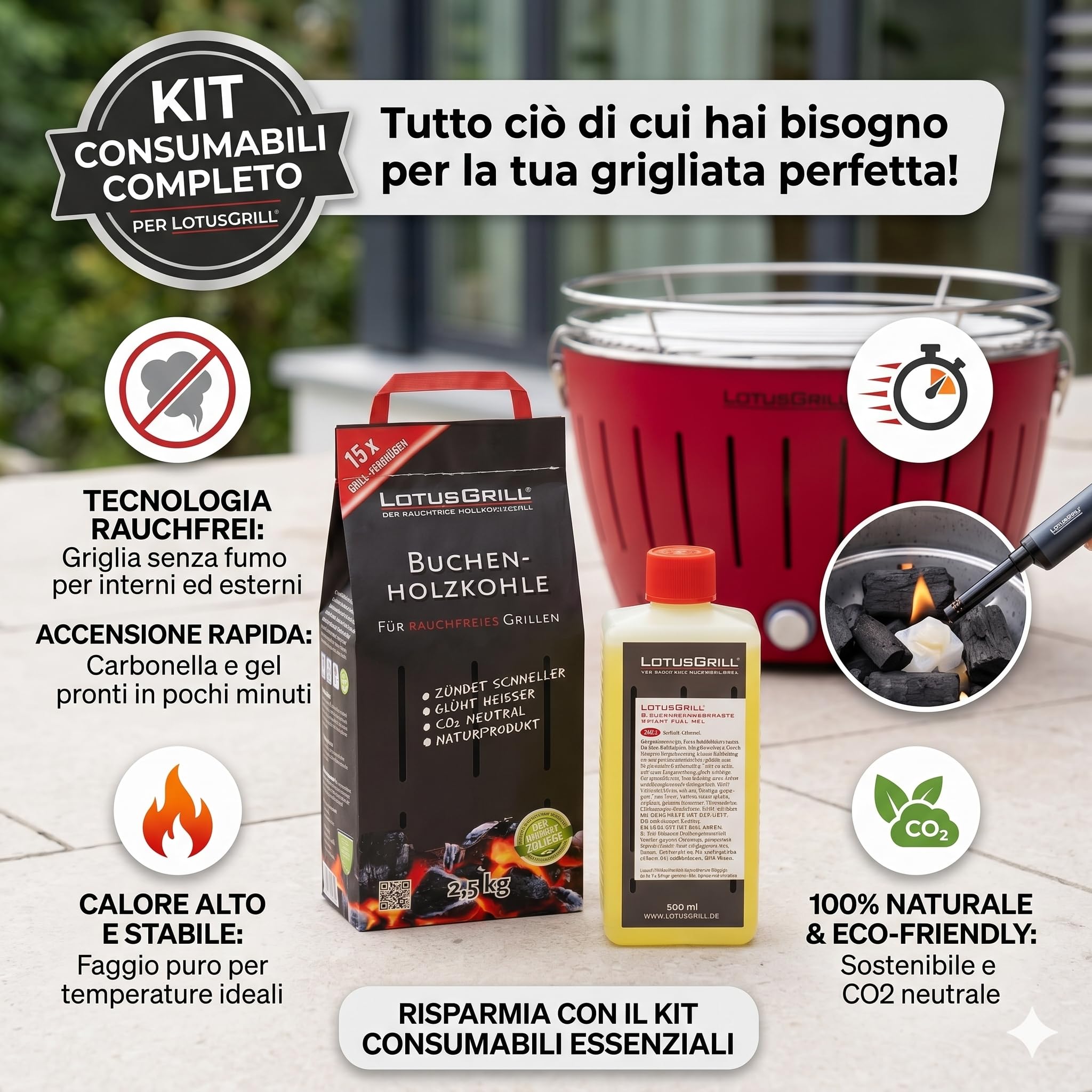 BERARDI LotusGrill Kit Consumabili per LotusGrill, Carbone di Faggio 2,5 kg e Pasta Combustibile 500 ml, CO2 Neutrale, Naturale