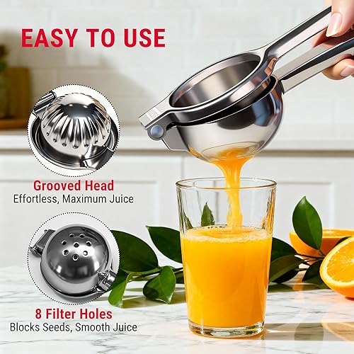 Miniatura 3 de ThermoPro Exprimidor de limón y lima, exprimidor de cítricos de acero inoxidable 304 con cuenco ranurado y 8 agujeros de filtro, mango con bisagras