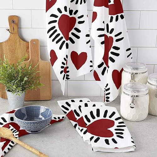 Miniatura 3 de Image Duvet 2 Pack Cotton Kitchen Dish Cloths Towels, Red Love Heart Valetine's Day Geometric 18 x28 Inch Soft Absorbent Kitchen Decoration Hand