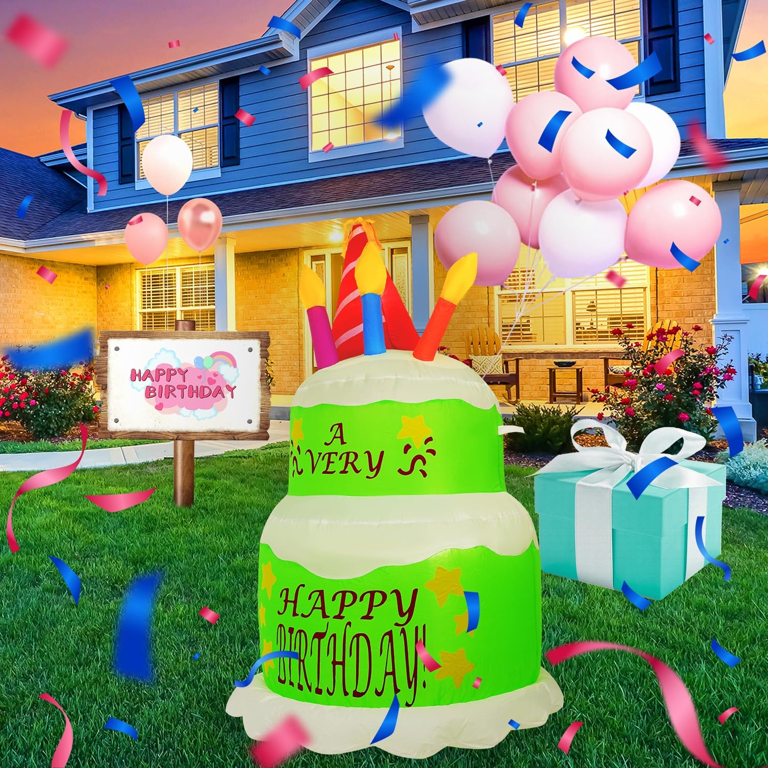 HZGDEJTG 4FT Green Inflatable Birthday Cake with LED Lights for Outdoor Party Decoration