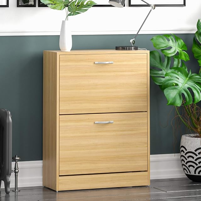 Vida Designs 2 Drawer Shoe Cabinet Cupboard Shoe Storage Organiser Pull Down Wooden Furniture Unit, Pine