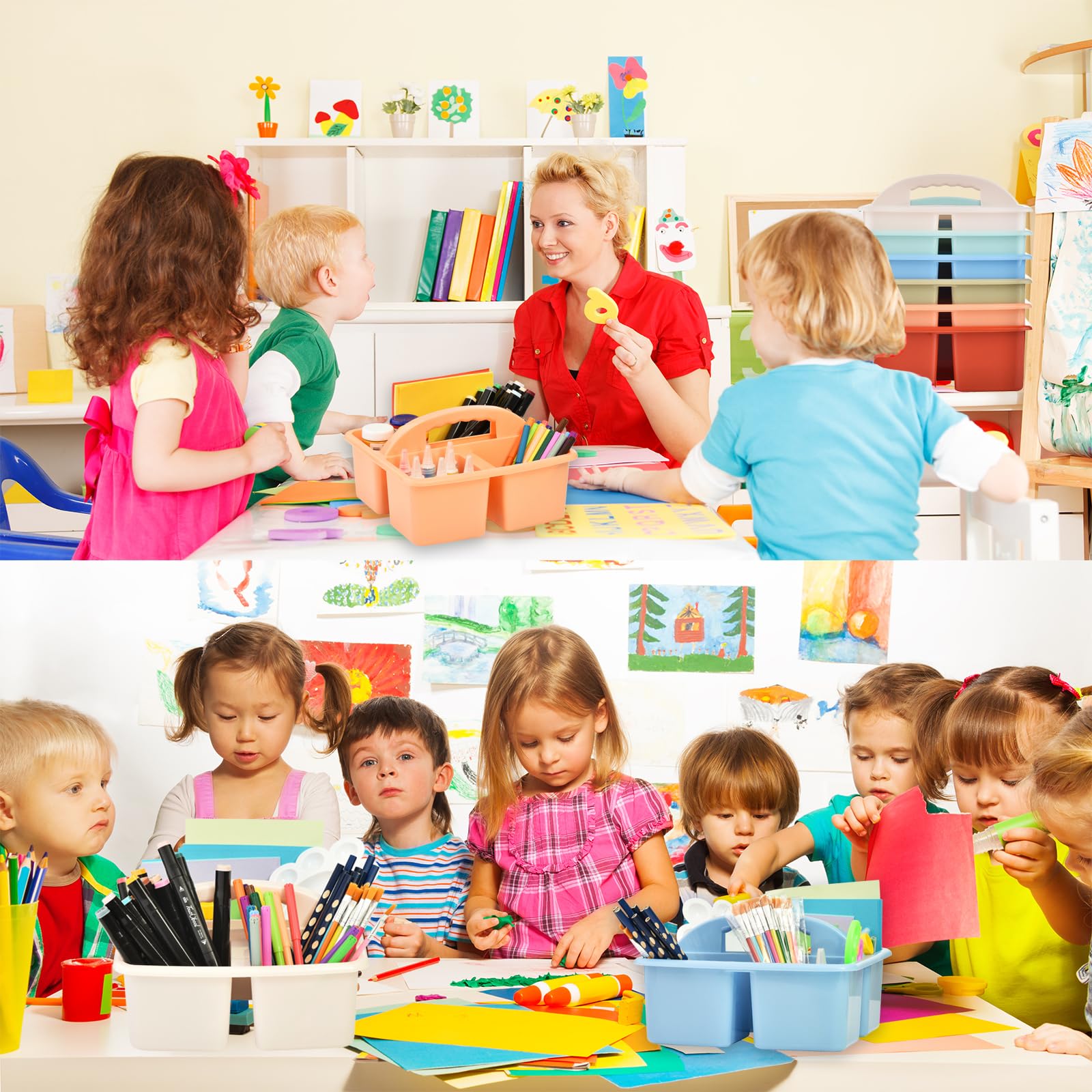Paquete de 6 organizadores divididos para aula con asa para aula, oficina y hogar, organizador de almacenamiento de plástico apilable, 3 compartimentos, cesta organizadora multiusos para aula,