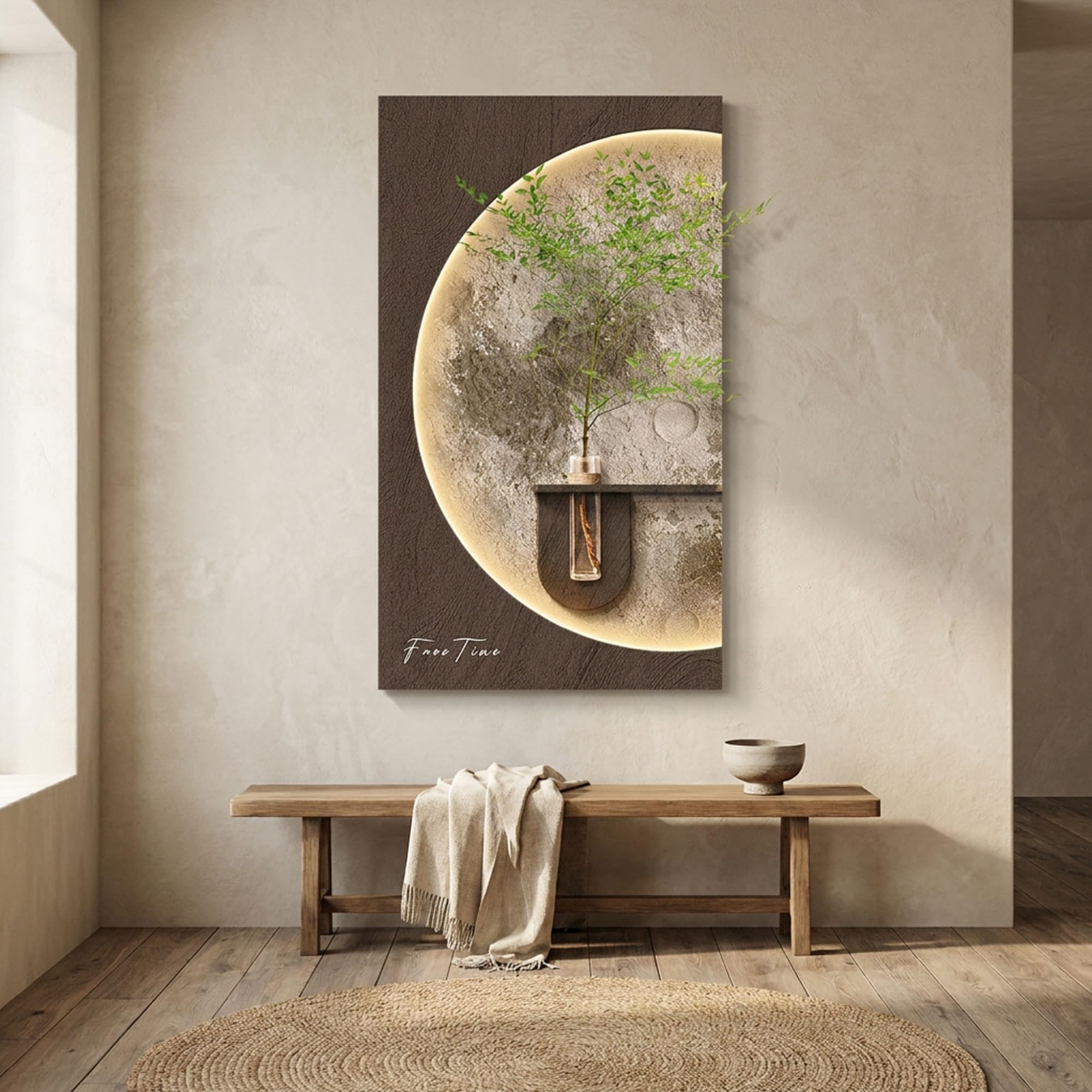 OEPCHEFACX Sandstone Wall Art Decor with Glass Vase and LED Backlight, Modern Textured Frameless Sculptures Mural for Living Room, Hallway, Entryway,Plug-in Power(B,50x87cm/19.7"x34.3")
