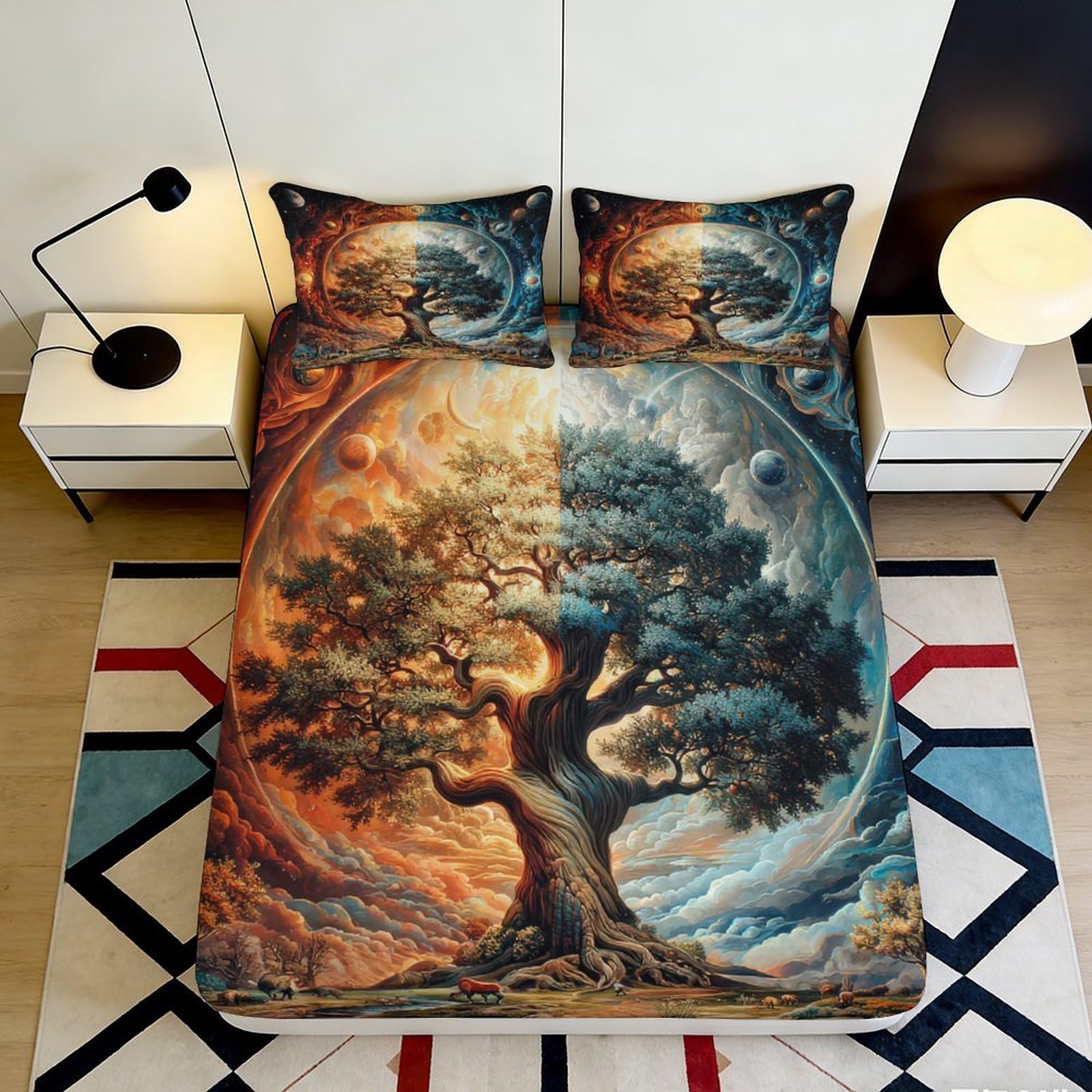 3D Printed Fantasy Tree of Life Fitted Sheet Microfiber Soft Breathable Cosmic Sky Mattress Cover Bedroom Decor 120x200x25cm