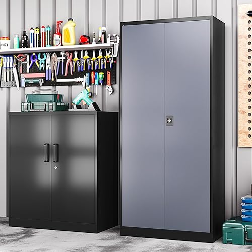 Miniatura 6 de LISSIMO Gabinete de metal de 72 pulgadas, armario de almacenamiento con bloqueo con 2 puertas y 5 estantes ajustables, gabinete de herramientas de