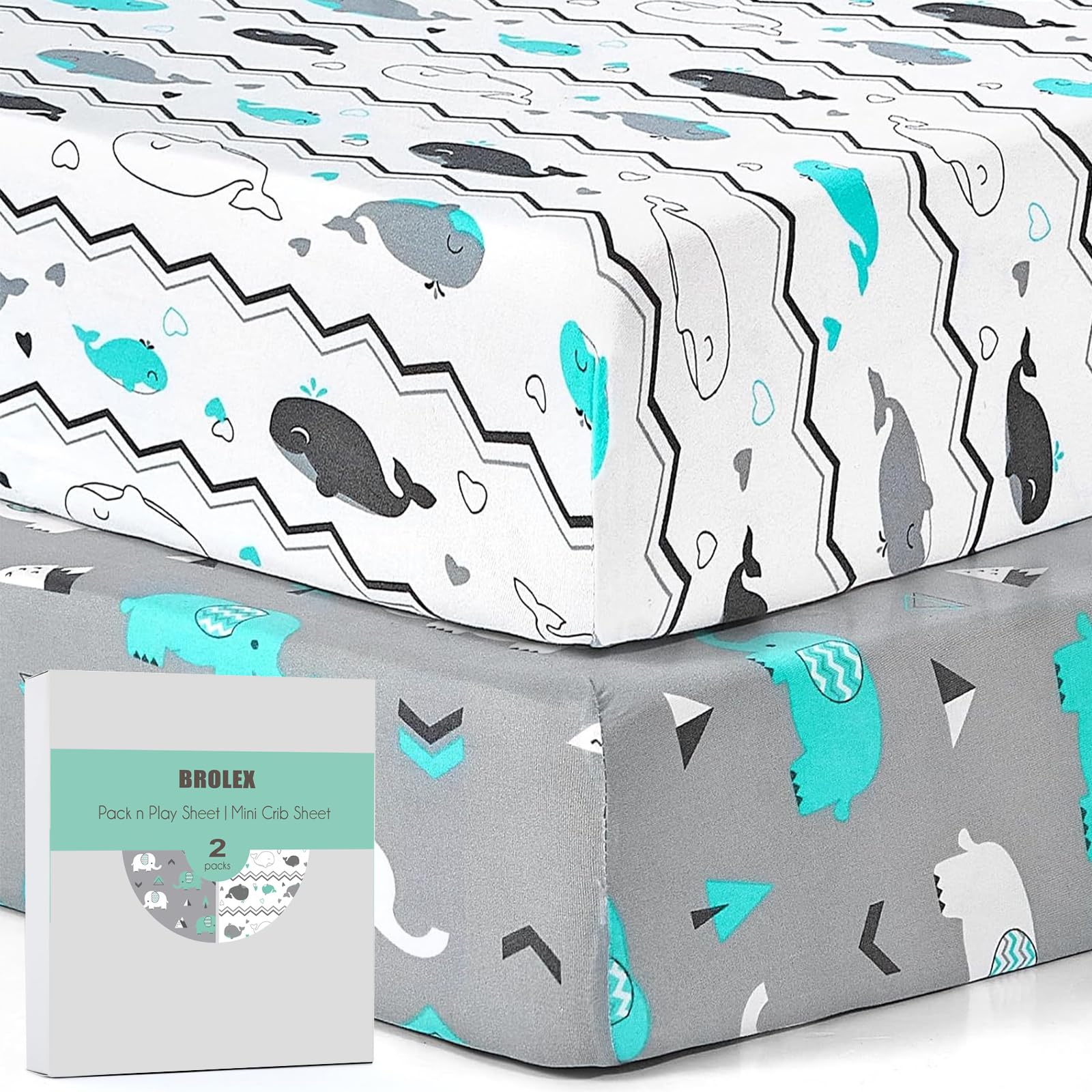 Pack n Play Sheets, BROLEX 2 Pack Mini Crib Sheets,Stretchy Portable Fitted Playard Sheet Set, Convertible Playard Mattress Cover,Ultra Soft