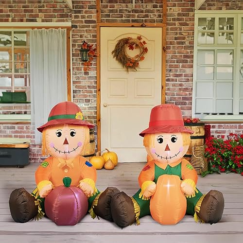 Miniatura 4 de Decoraciones inflables de Acción de Gracias para exteriores, adorable espantapájaros con calabaza, decoración inflable de patio para Halloween,