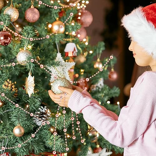 Miniatura 7 de Pangda Guirnalda de cuentas de árbol de Navidad de 65.6 pies, cadena de hilos de perlas de plástico para decoración de boda de Navidad (oro rosa)