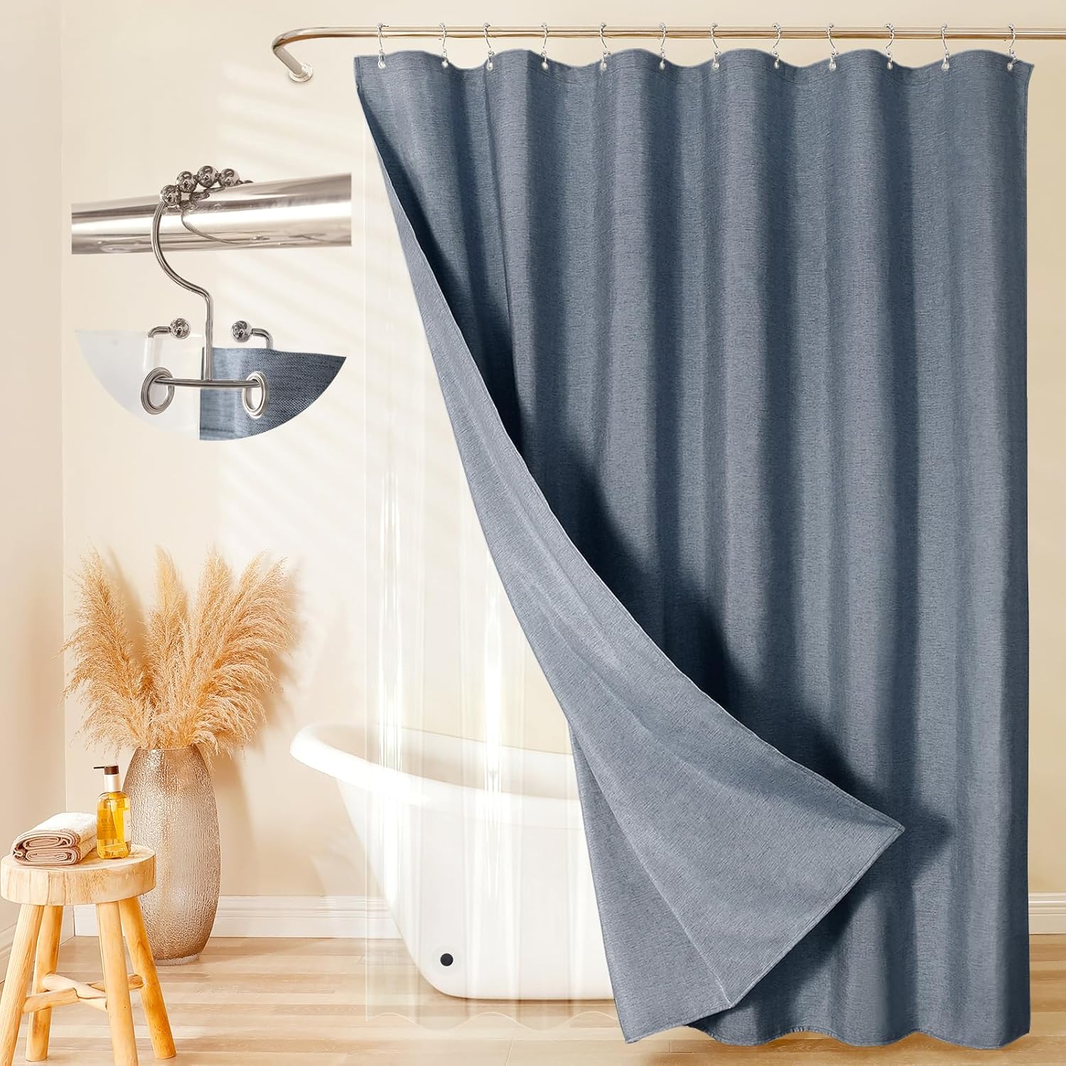 FY&XZH 3-in-1 Fabric Shower Curtain Set,Double Waterproof Linen-Texture Shower Curtain with PEVA Liner That Fully Prevents Splashes,Soft Shower Curtains with 12 Anti-Fall Hooks,72"x72" (Dark Blue)