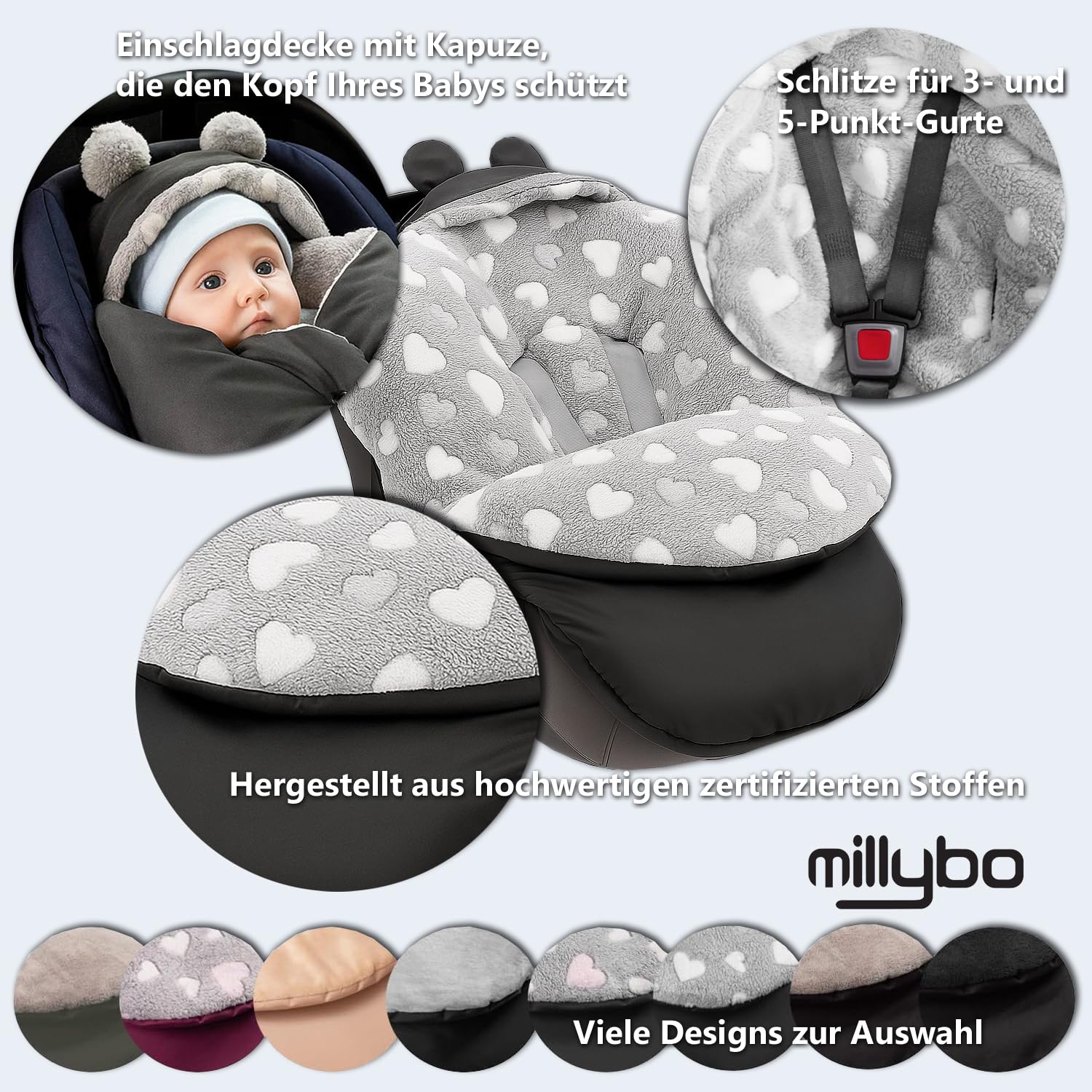 Coprigambe per bambini, per l'inverno, adatto per passeggino, ovetto, seggiolino auto, passeggino (605.021 nylon, grafite, Minky, grigio (cuore bianco))