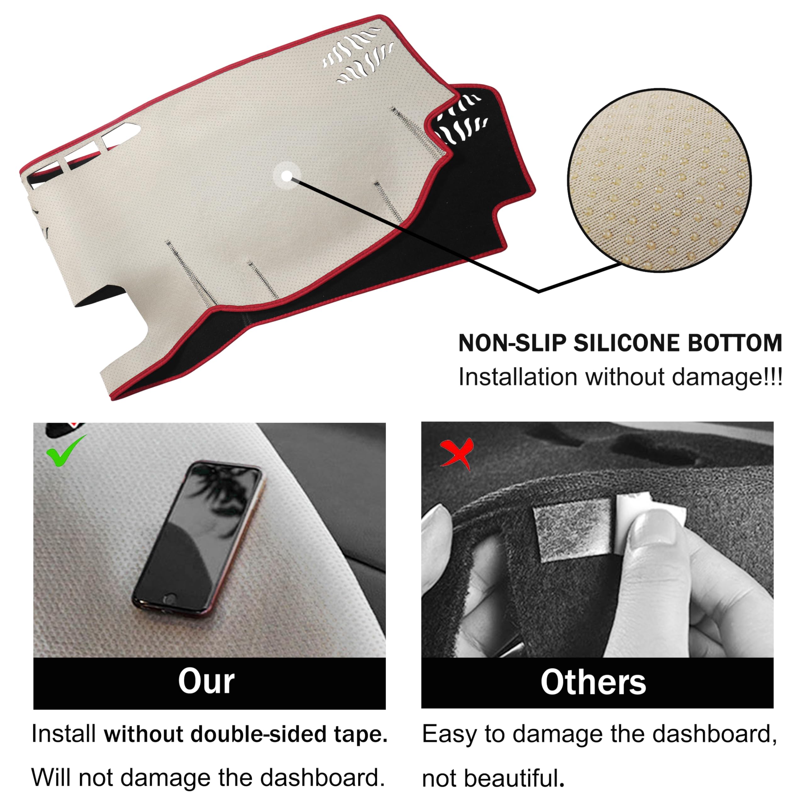 Tundra Accessories 2022 2023 2024 - Cubierta de salpicadero para consola central, alfombrilla antideslizante, protector solar antirreflejos, ajuste personalizado, borde rojo