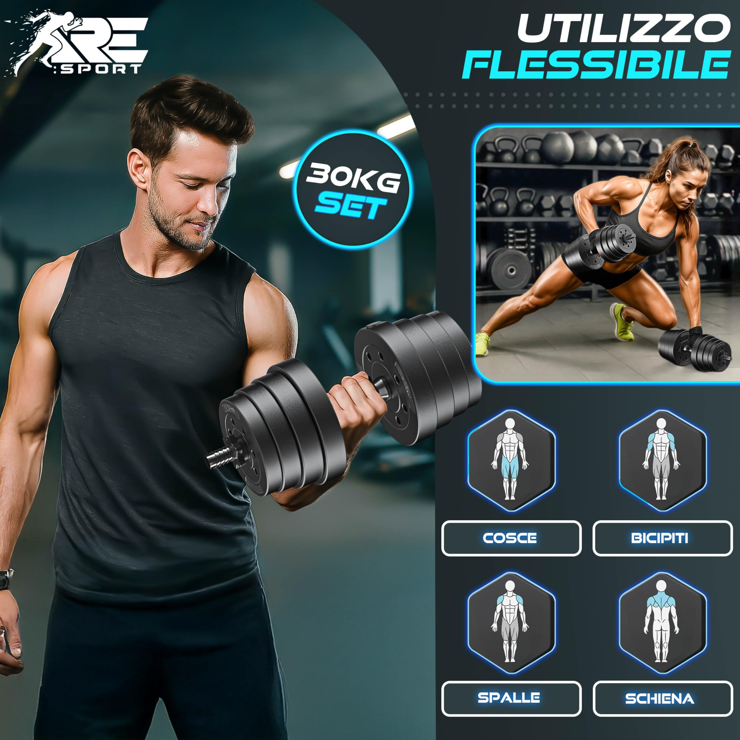 RE:SPORT Set di 2 manubri regolabili 15/20/30/40 kg | Set di 2 manubri | manubri con pesi e 4 chiusure a stella | manubri fitness per costruzione muscolare, allenamento e casa