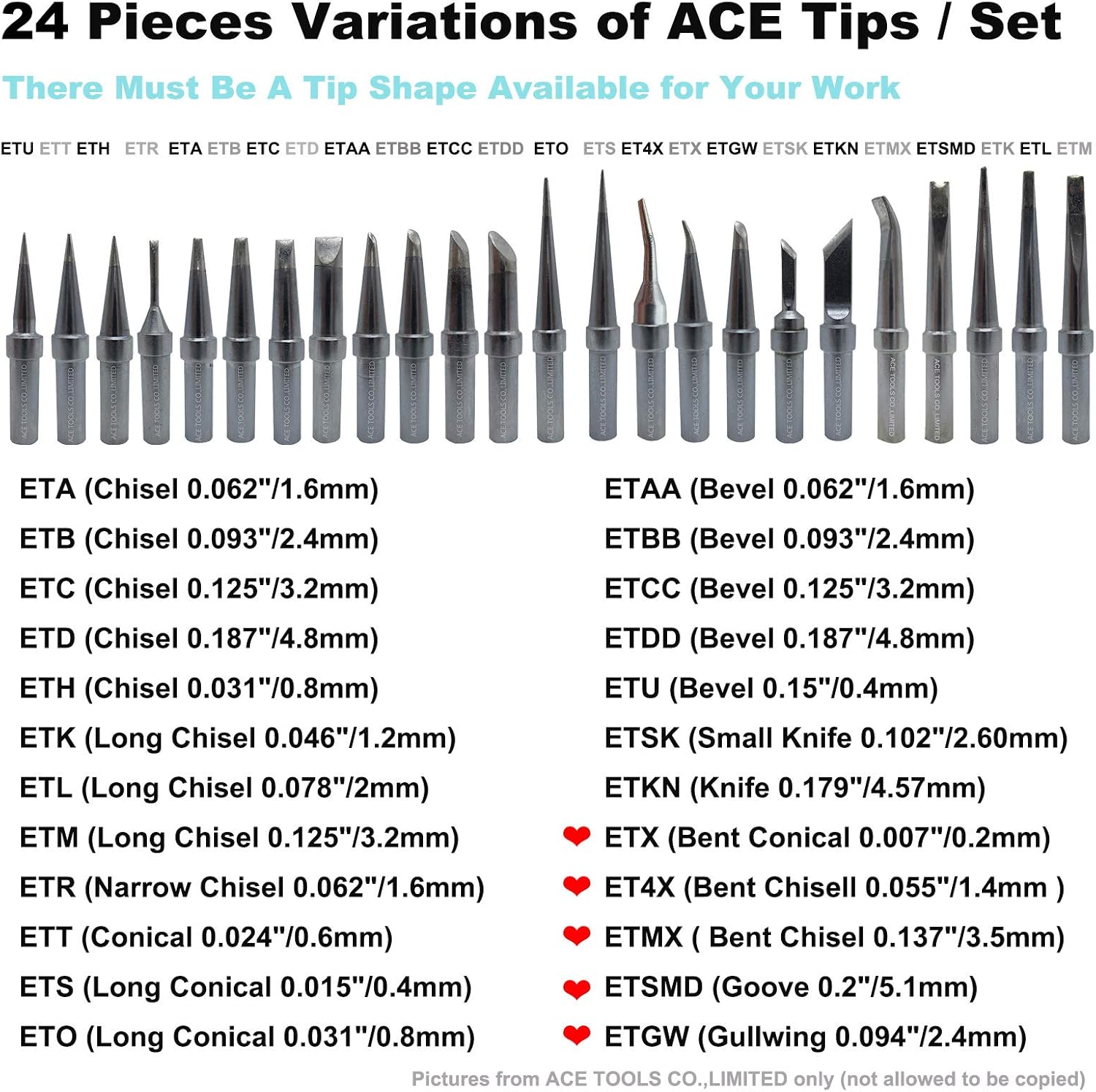 ACE Soldering Tips for WESD51 WES51 WE1010 WE1010NA WCC100 WECP-20 WTL 1000S-0 PES51 LR21 WEP70 WECP WCC101 EC1201A EC1204A EC2001 EC-1000 ET2000 ELV LS50 Iron Tip (1, The Whole 24 Models/Set))