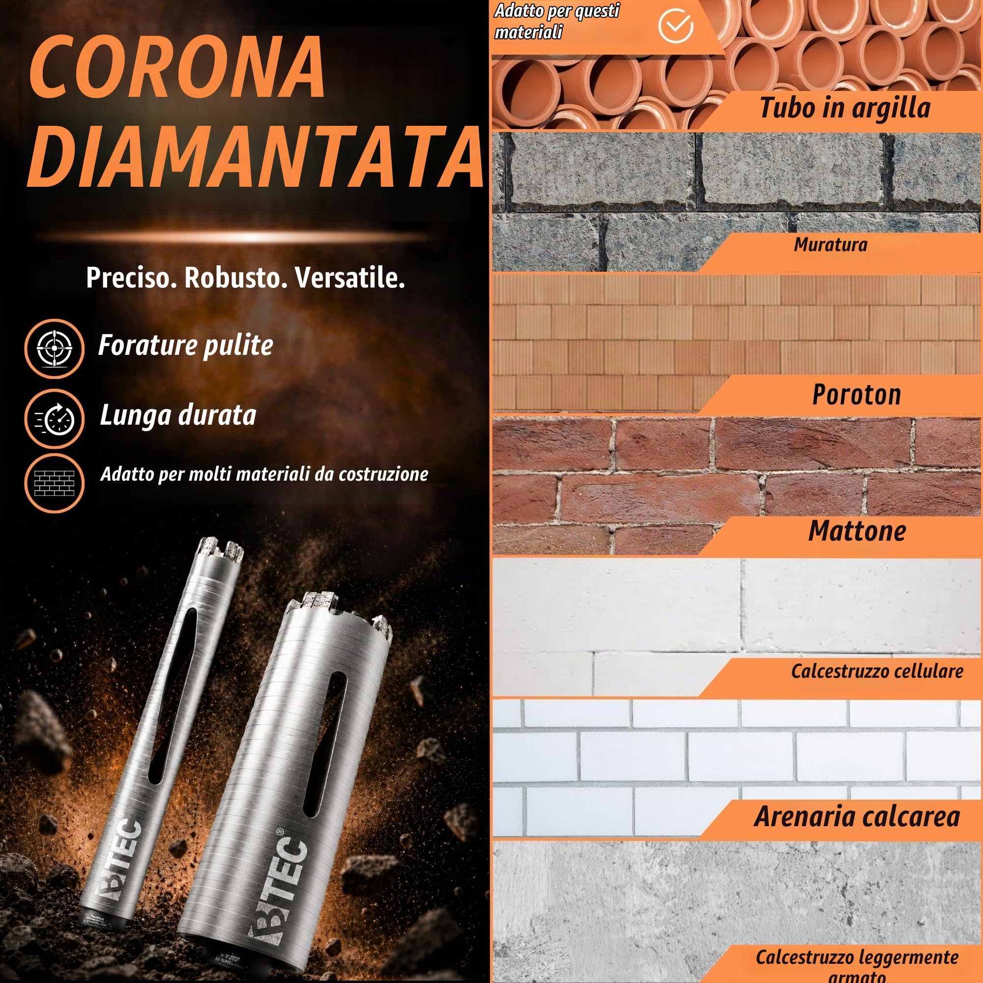 Punta diamantata per trapano SDS-plus, attacco e punta di centraggio, lunghezza utile 180 mm, diametro 202 mm, corona per cemento