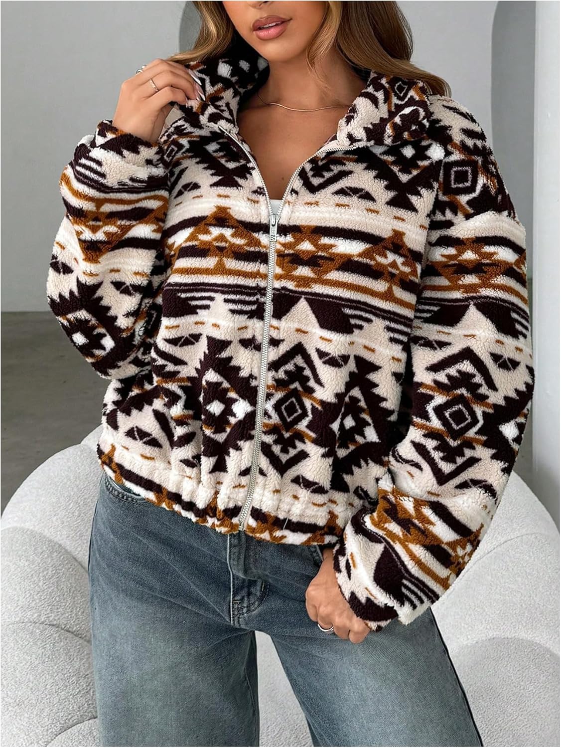 Milumia Women's Geo Print Sherpa Fleece Jacket Zip Up Collar Long Sleeve Coats Outerwear - Image 2