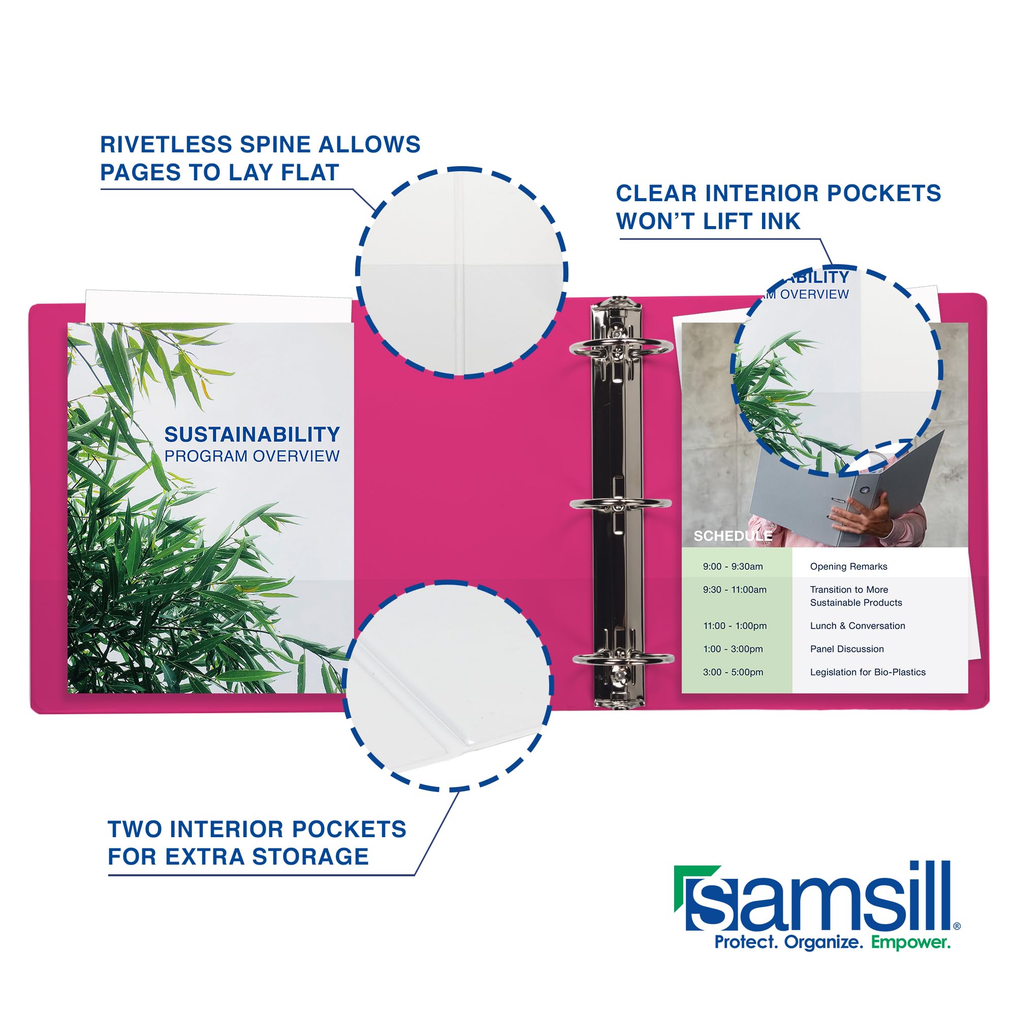 Samsill Classeur durable de 5,1 cm, fabriqué aux États-Unis, reliure à anneaux en D, couverture transparente personnalisable, magenta, peut contenir 475 pages