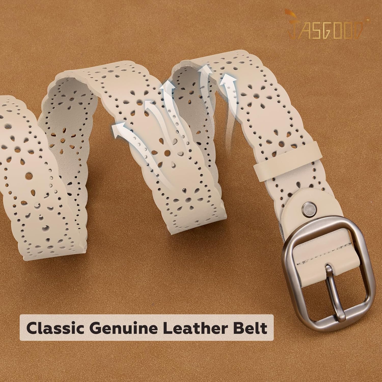 JASGOOD Women's Hollow Flower Genuine Leather Belt for Jeans Pants Wide Belt for Ladies - Image 4