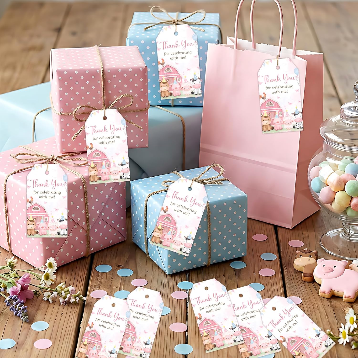 50PCS Farm Thank You Tags Pink Farm Animal Birthday Decorations for Girls, Thank You for Celebrating with Us Tag Pink Barnyard Gift Tags for Girls Farm Baby Shower Birthday Party Favors Supplies image 3