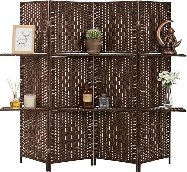 FDW | 4 Panel Folding Room Divider with Shelves | 5.9ft, Rustic Brown