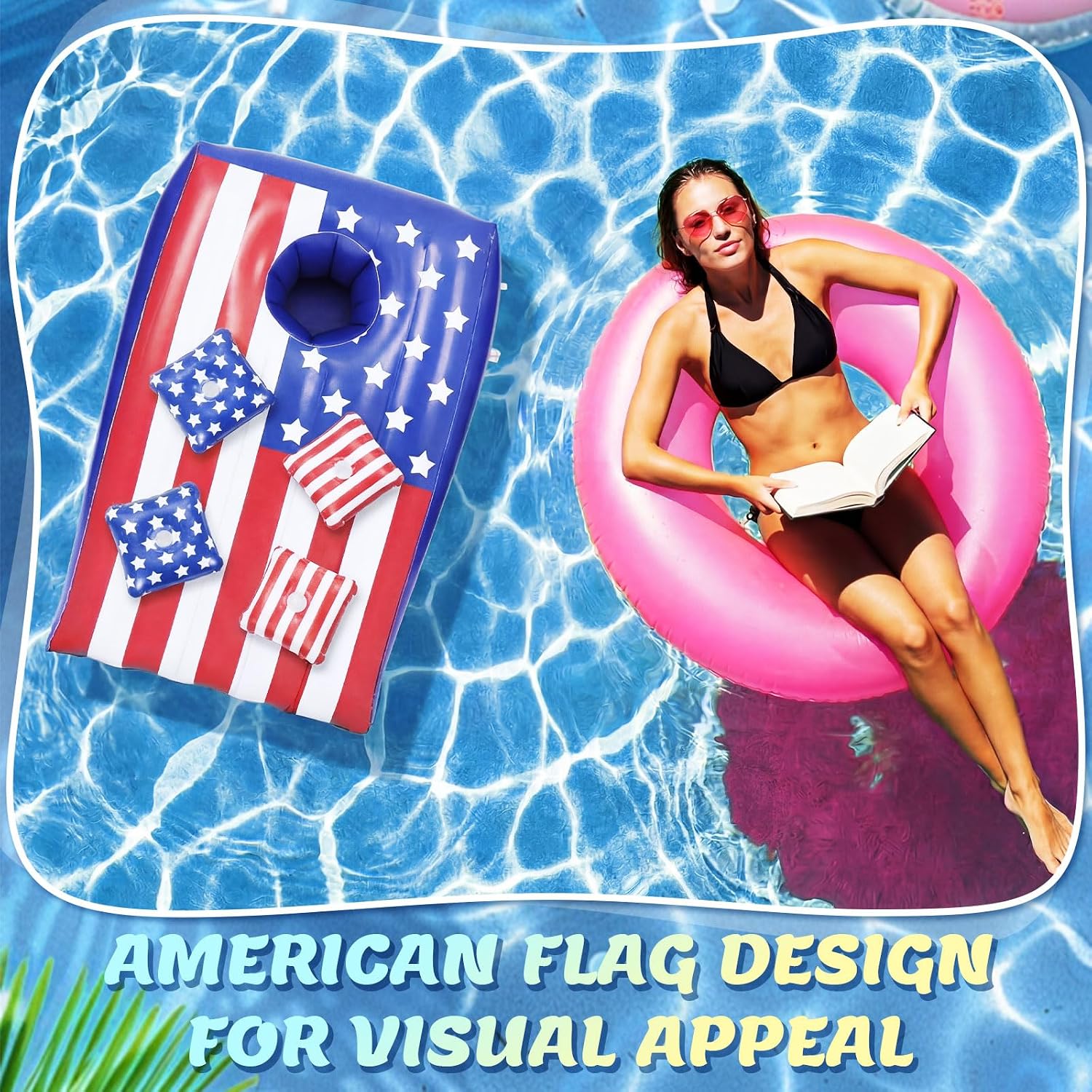 Foilswirl 2 Sets Inflatable Pool Cornhole Game for Summer Independence Day Floating Bean Bag Toss Game with American Flag Theme Family Adult Pool Toy for 4th of July Backyard Beach Outdoor Fun