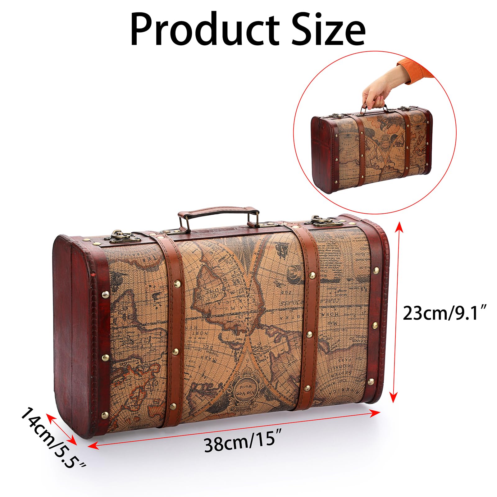 ELLDOO Vintage Holz Aufbewahrungstruhe, Tragbare Dekorative Gepäck Koffer, Schatzkiste mit Kartenmuster, Piraten Andenken Box für Geschenke, Truhe Aufbewahrungsbox für Dekor Lagerung Reise