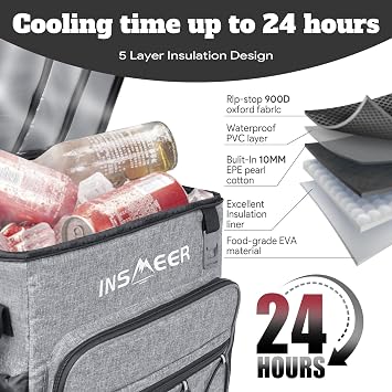 INSMEER Large Rolling Cooler 40L / 60 Cans, Foldable Cooler on All Terrain Wheels, Collapsible Cooler Bag Leakproof Shopping Trolley Bag for Beach, Camping & Picnic, Grocery Shopping