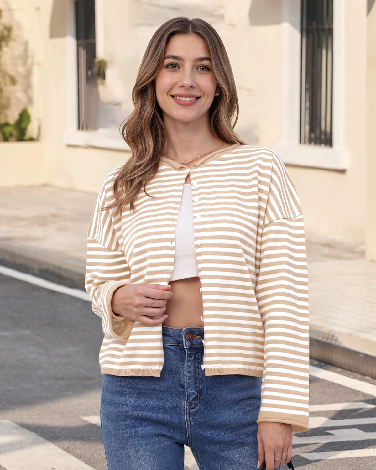 Womens Striped Cardigans Lightweight Casual Button Up Sweaters Long Sleeve Loose Knit Cardigan Sweater Fall Winter - Image 2