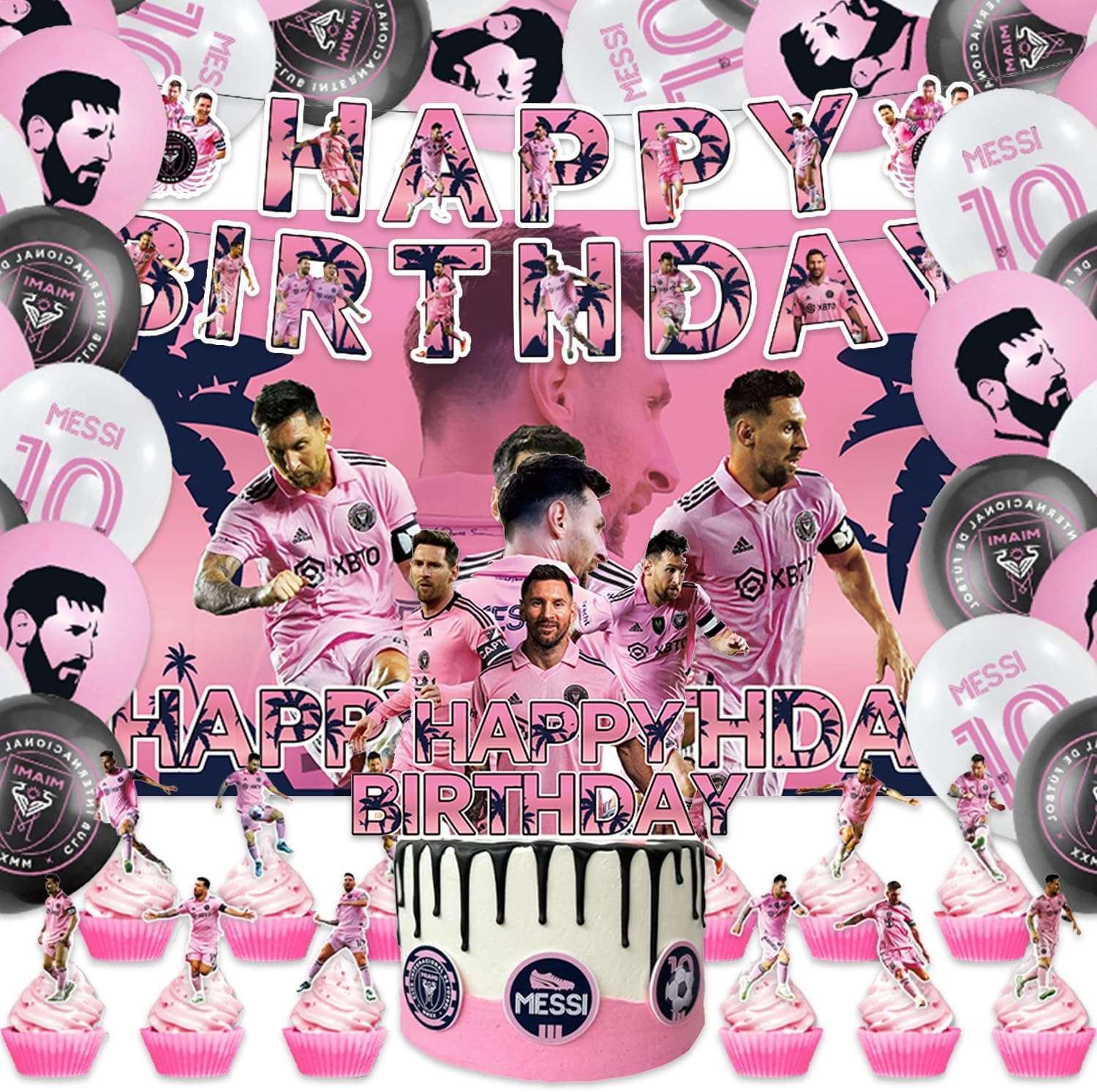 メッシパーティー用品42個パック。バナー、ケーキトッパー、ブラックドロップ、サッカーメッシパーティーデコレーション用バルーン。