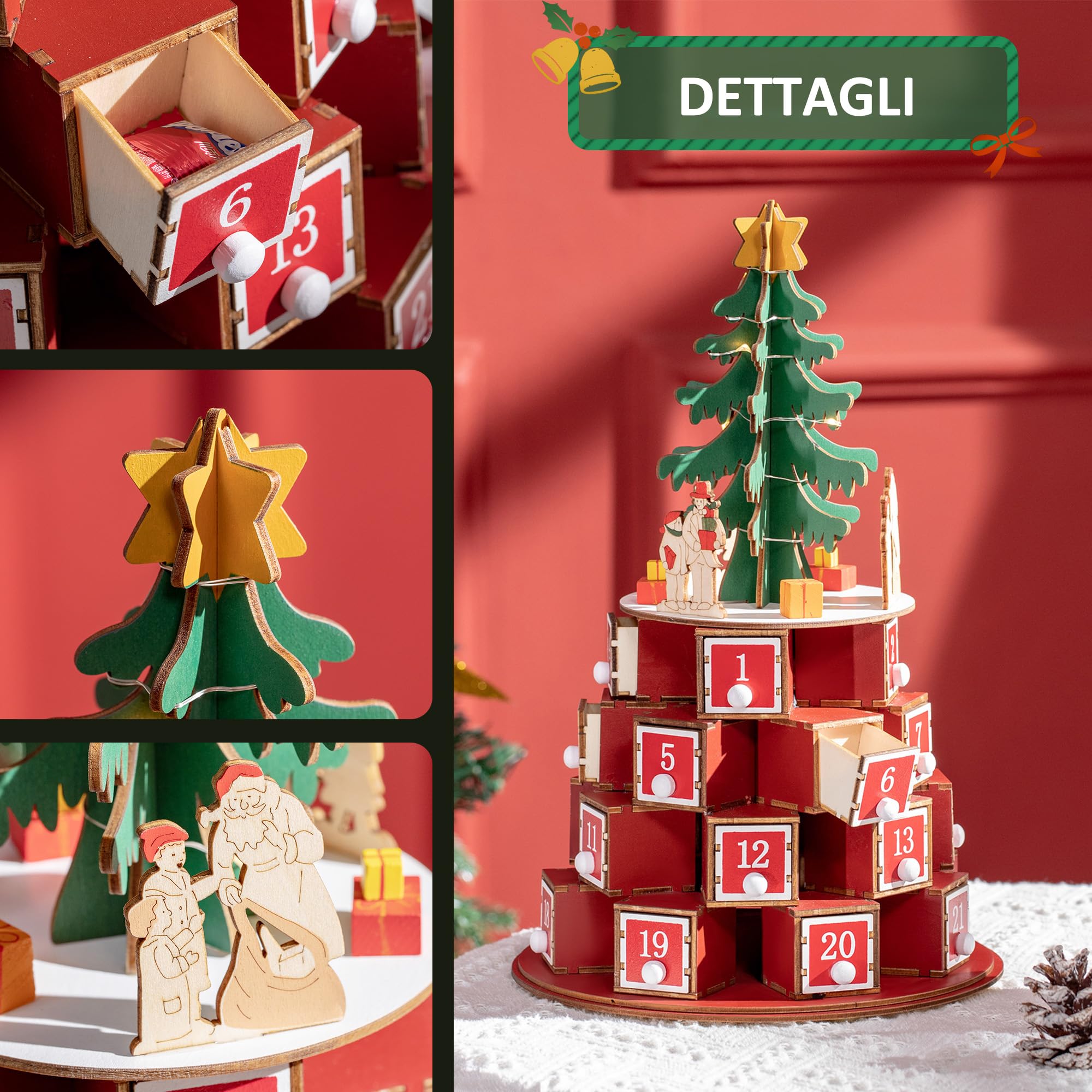 HOMCOM Calendario Avvento di Natale a Cono con 10 Luci a LED, Calendario dell'Avvento in Legno con Motivi a Tema, 22x22x35 cm, Rosso Verde e Giallo