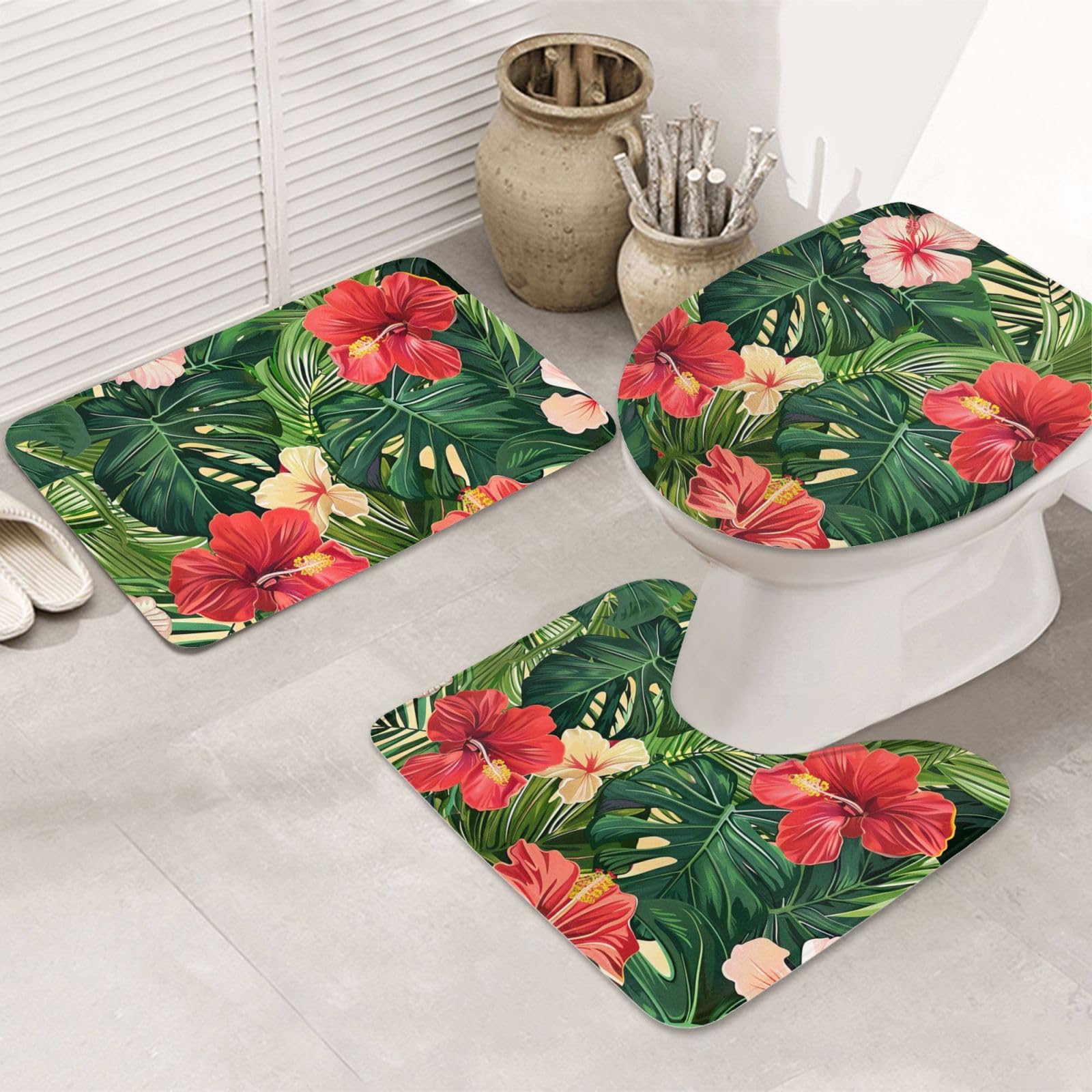 Lot de 3 tapis de bain antidérapants et absorbants en flanelle avec motif feuilles végétales et fleurs d'hibiscus