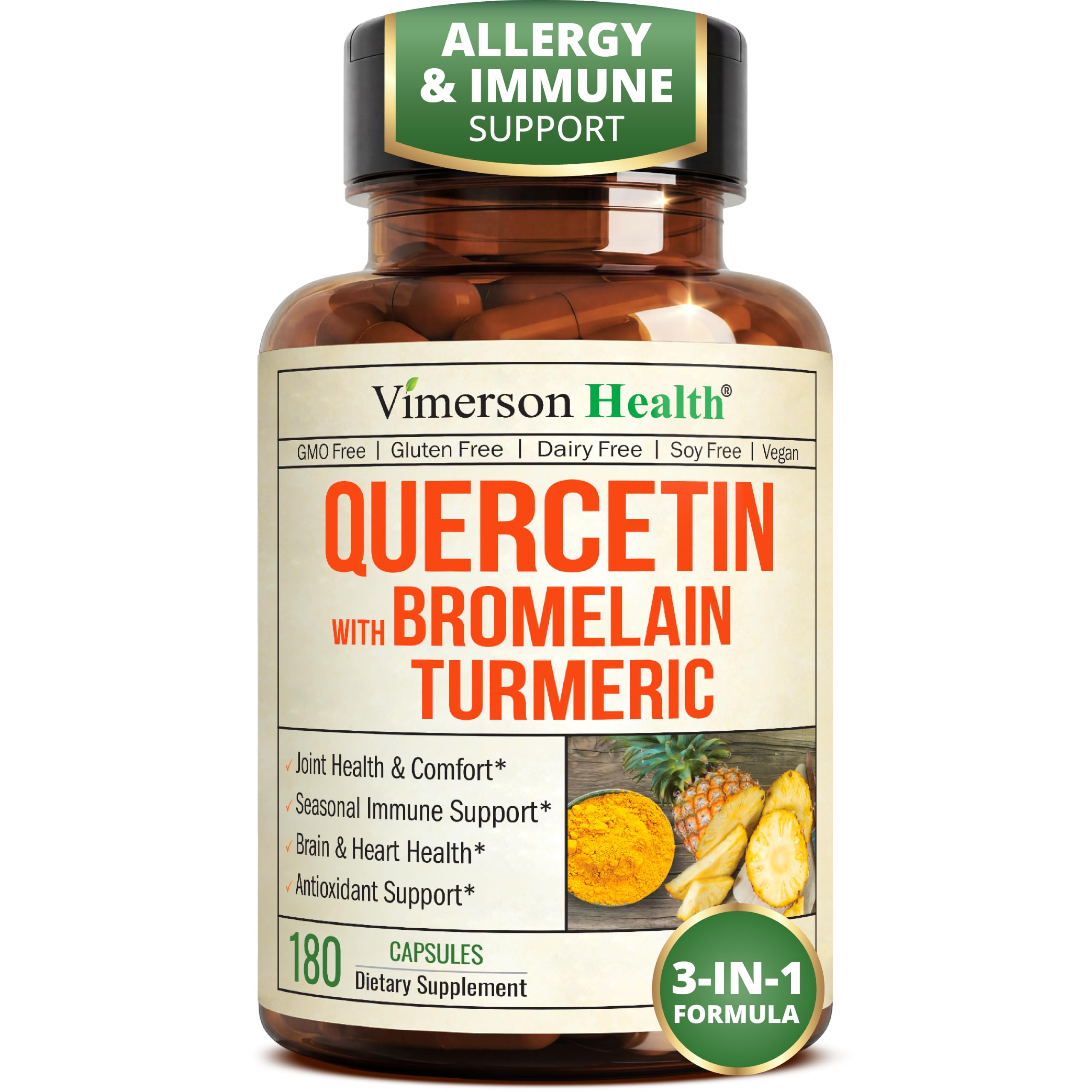 Quercetin with Bromelain Turmeric Curcumin Allergy Supplement -180 Capsules 180 Count (Pack of 1)