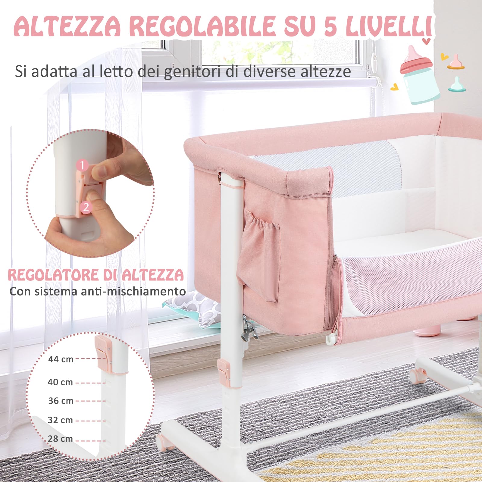 RELAX4LIFE 3 en 1 Cuna Colecho con 5 Alturas Ajustables, Ruedas Bloqueables, Colchón y Correa de Sujeción, Cuna Bebe con Bolsillo Portaobjetos y Bolsa de Transporte para Bebés 0-6 Meses (Rosa)