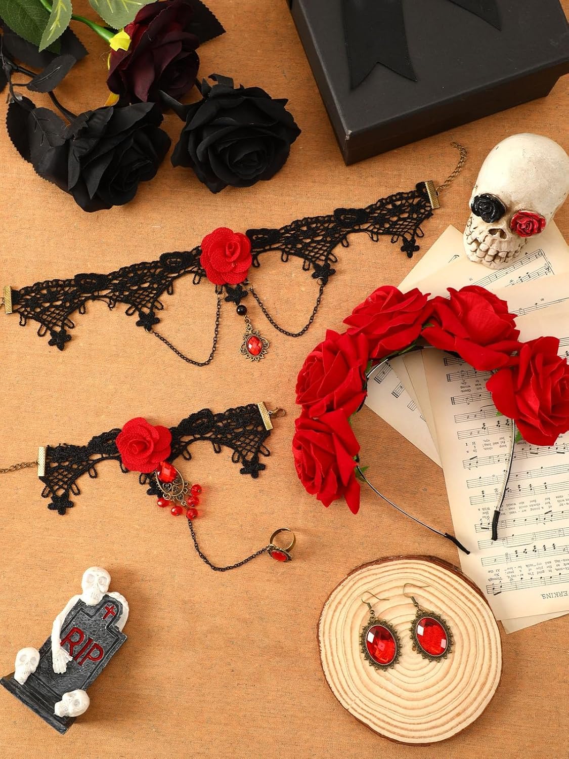 4 Pcs Day of the Dead Costume, Day of the Dead Flower Headpiece Lace Choker Black Lace Hand Harness Gemstone Earrings for Women Cosplay Party - Image 4