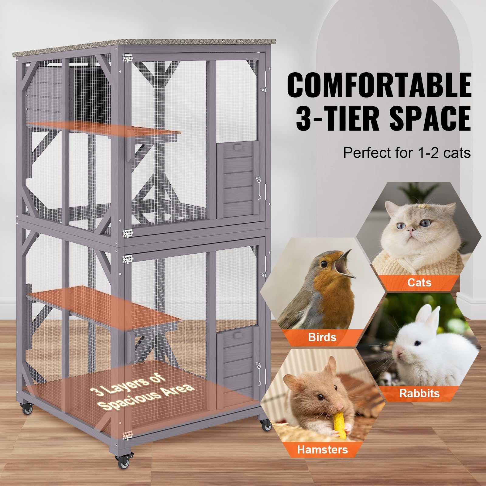 VEVOR Cage pour Chat 3 Niveaux Grande Cage sur roulettes Verrouillables Pivotant 360° Enclos Chat 760x865x1630 mm avec Boîte de Repos pour 1-2 Chats Petits Animaux Lapins Hamsters Intérieur Extérieur