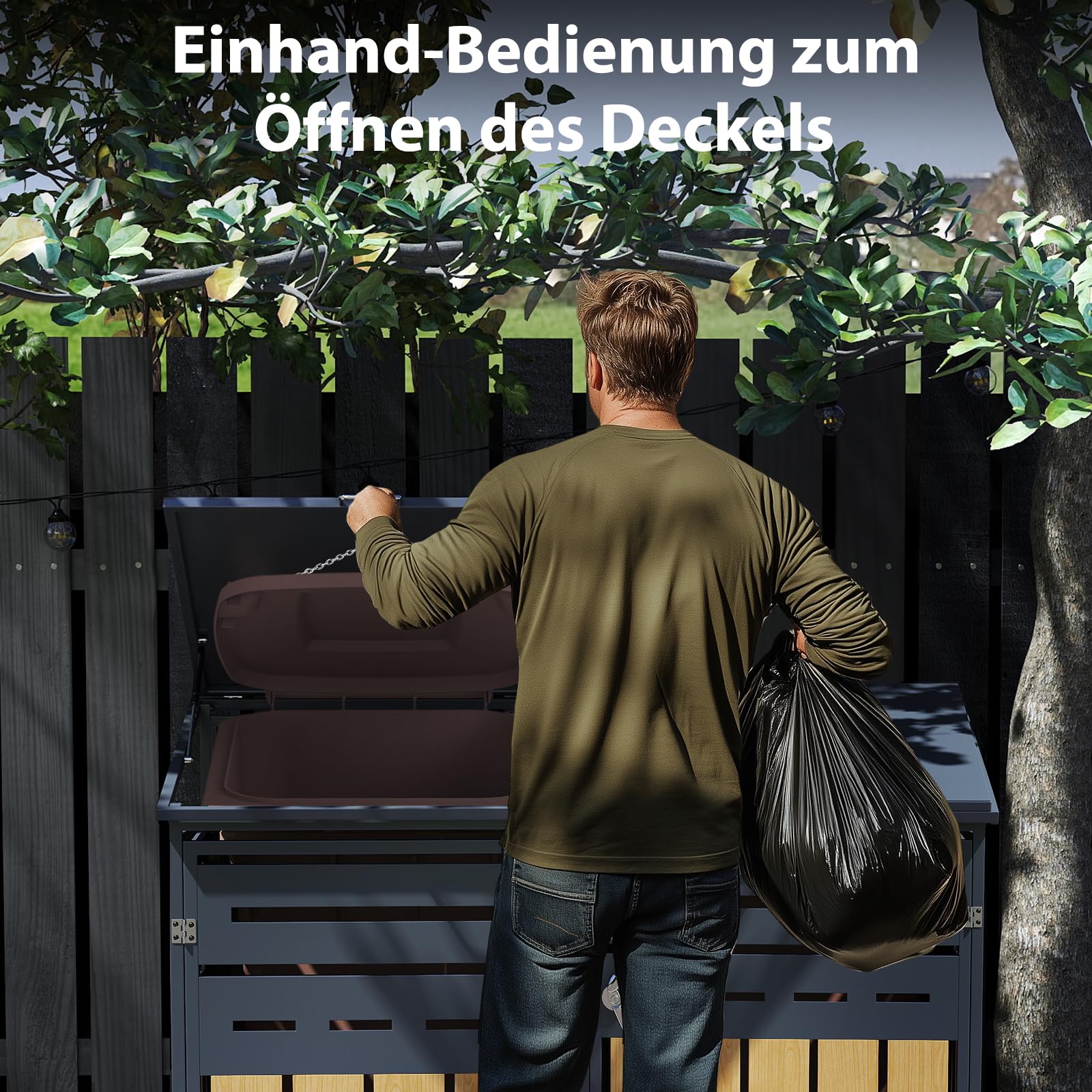 Mülltonnenbox für 3 Mülltonnen von 120-240 Litern, aus verzinktem Stahl in Anthrazit, abschließbare Gartenbox, Tonnenhaus, Müllbox mit schrägem Dach.