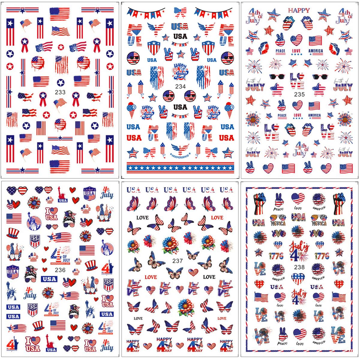 4th of July Nail Art Stickers American Flag Independence Day Nail Decals 6PCS USA Flags Heart Star Firework 3D Self-Adhesive Patriotic Nail Stickers Manicure Supply for Memorial Day Nail Decorations