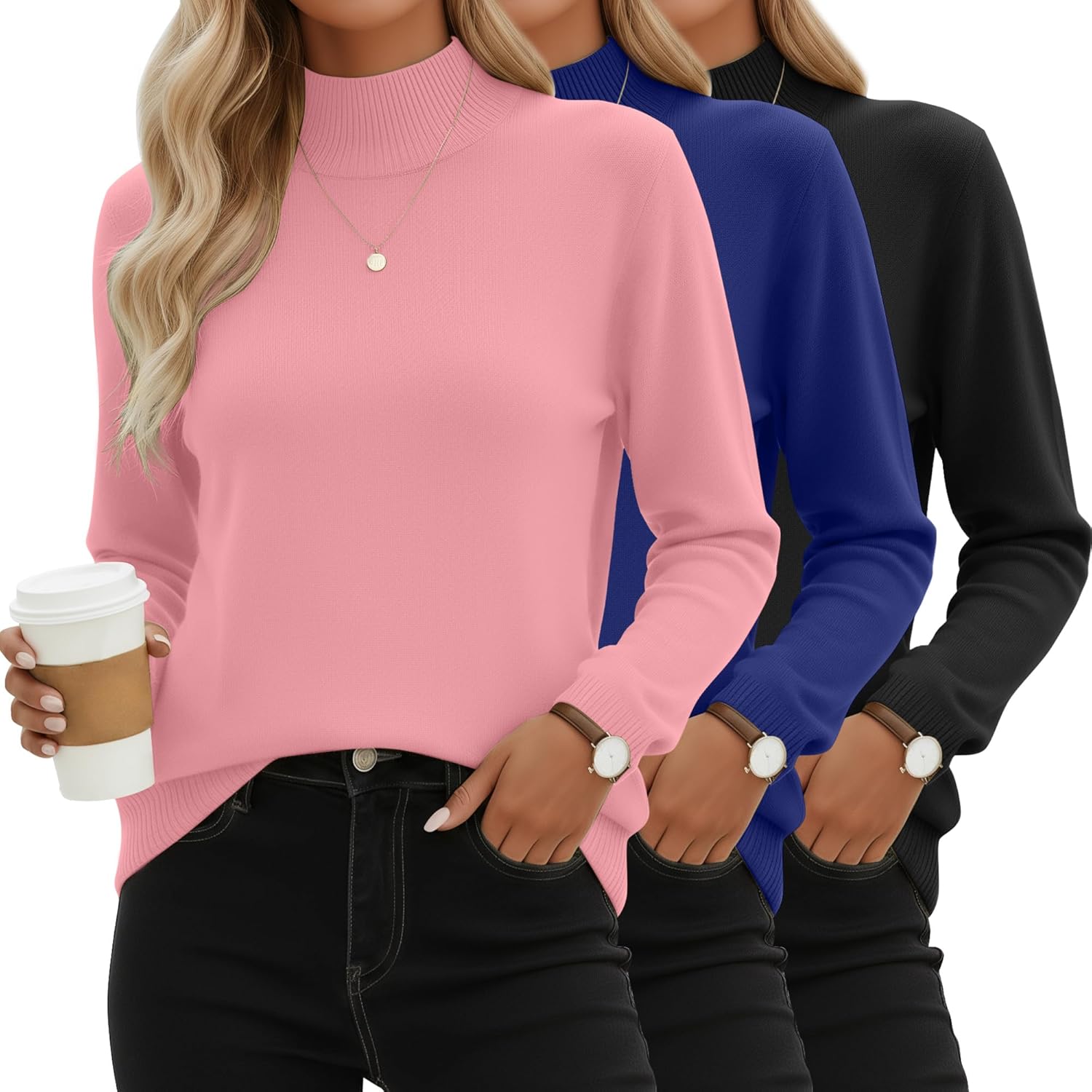 3 Pack Women's Mock Turtleneck Knit Sweaters, Crew Neck Long Sleeve Tops Lightweight Thermal Pullover Basic Shirts