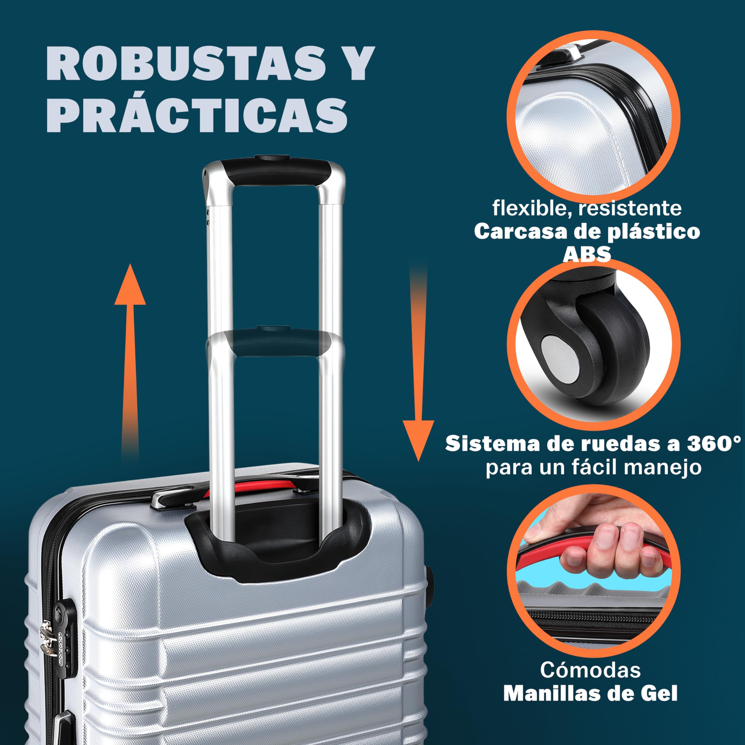 MONZANA® Maletas de Viaje Set 4 S-M-L-XL Equipajes Rígidos ABS Plata Asas de Gel Ruedas 360° Pies de Bloqueo